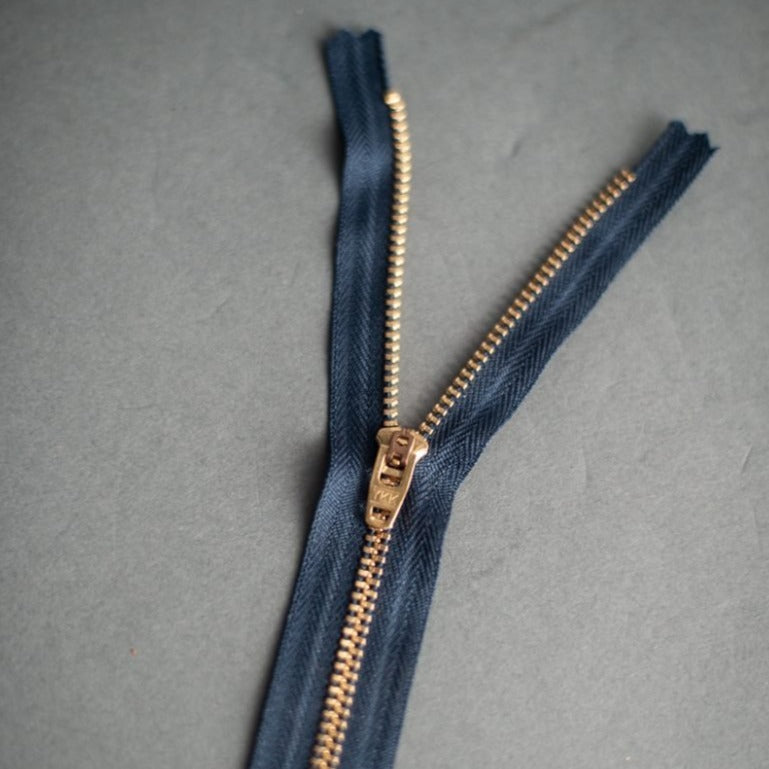 YKK Navy/Brass Jeans 7 inch Zip - Haberdashery & Tools - Merchant and Mills - Sew Me Sunshine