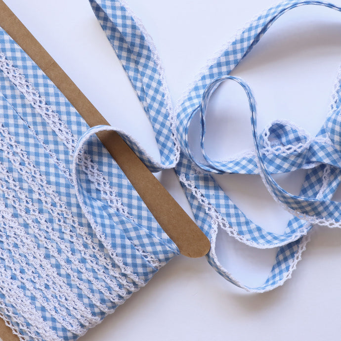 Sky Blue Gingham Crochet Cotton Bias Binding 20mm